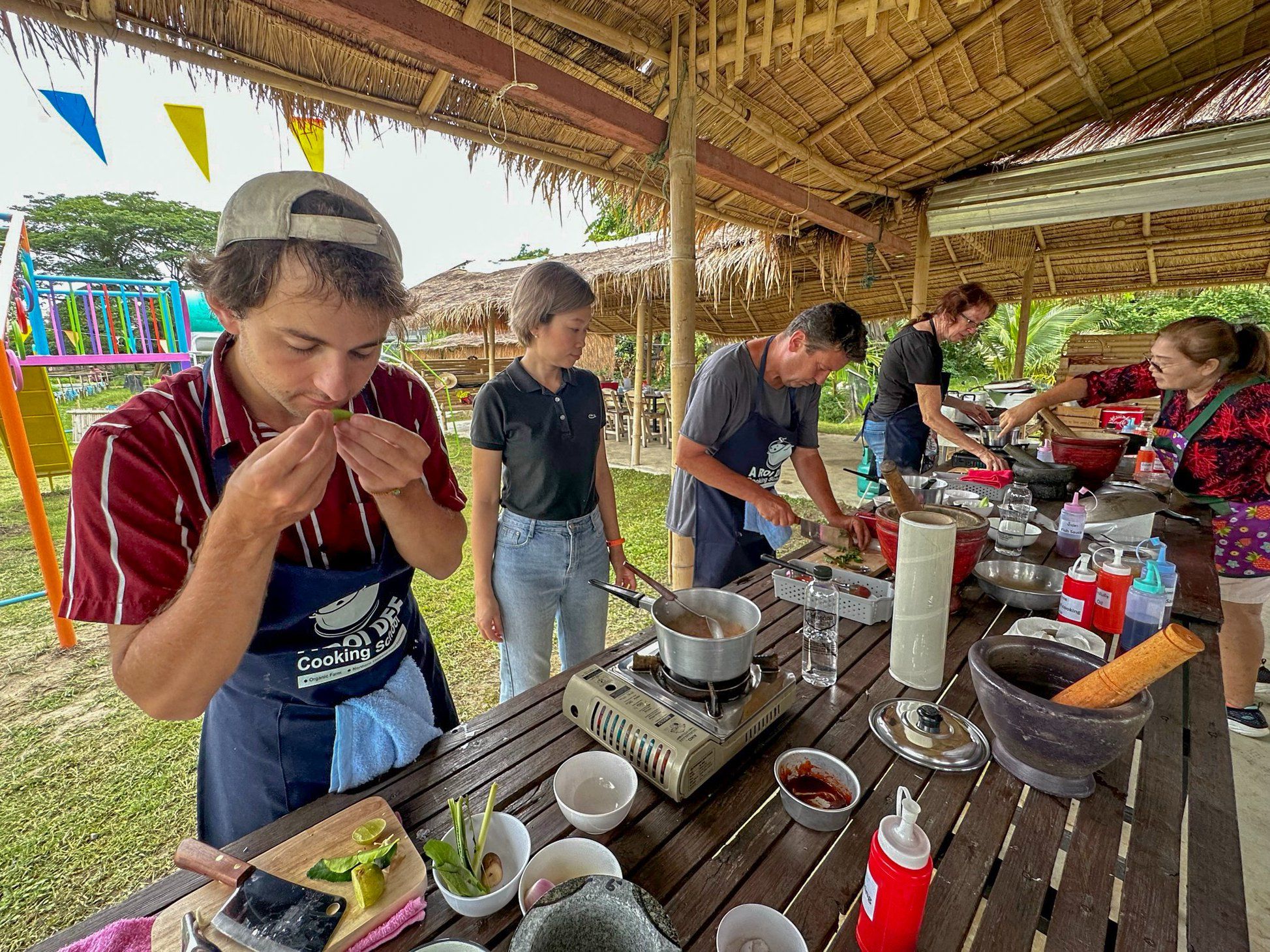Fresh Organic Ingredients Cooking Thai Dish in Lovely Organic Farm Chiangmai