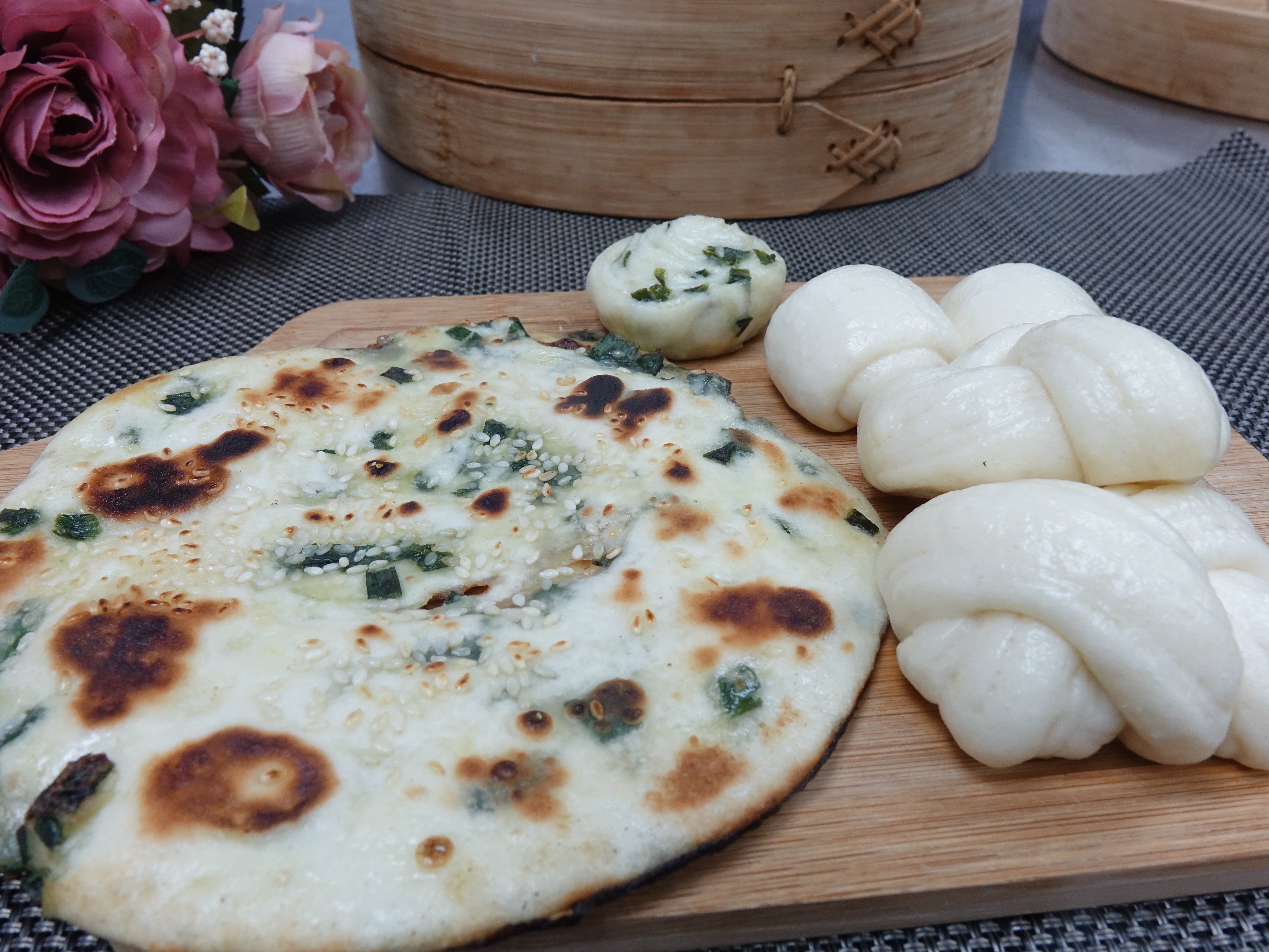 Chinese Steamed Bun and Pan Fried Pancake with Floral Tea (Vegan or non-vegan)