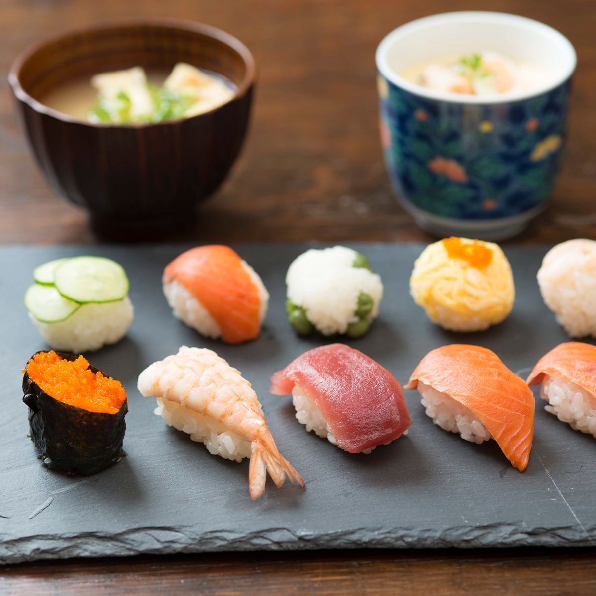 3 Kinds of Sushi, Japanese Steamed Egg Custard and Miso Soup in Home Cooking Studio
