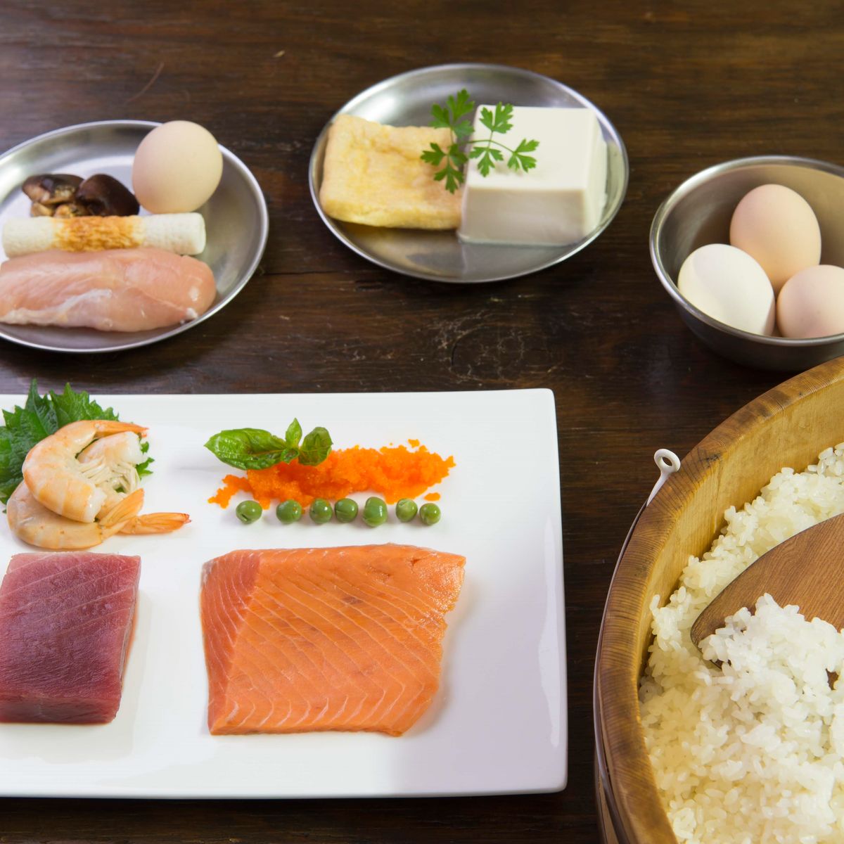 3 Kinds of Sushi, Japanese Steamed Egg Custard and Miso Soup in Home Cooking Studio