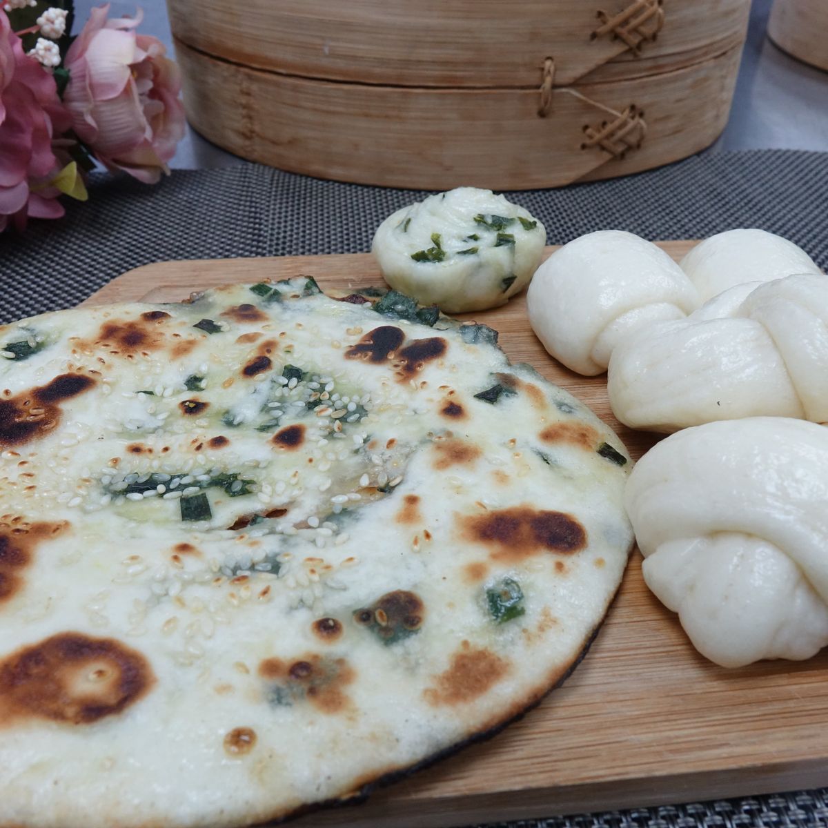 Chinese Steamed Bun and Pan Fried Pancake with Floral Tea (Vegan or non-vegan)