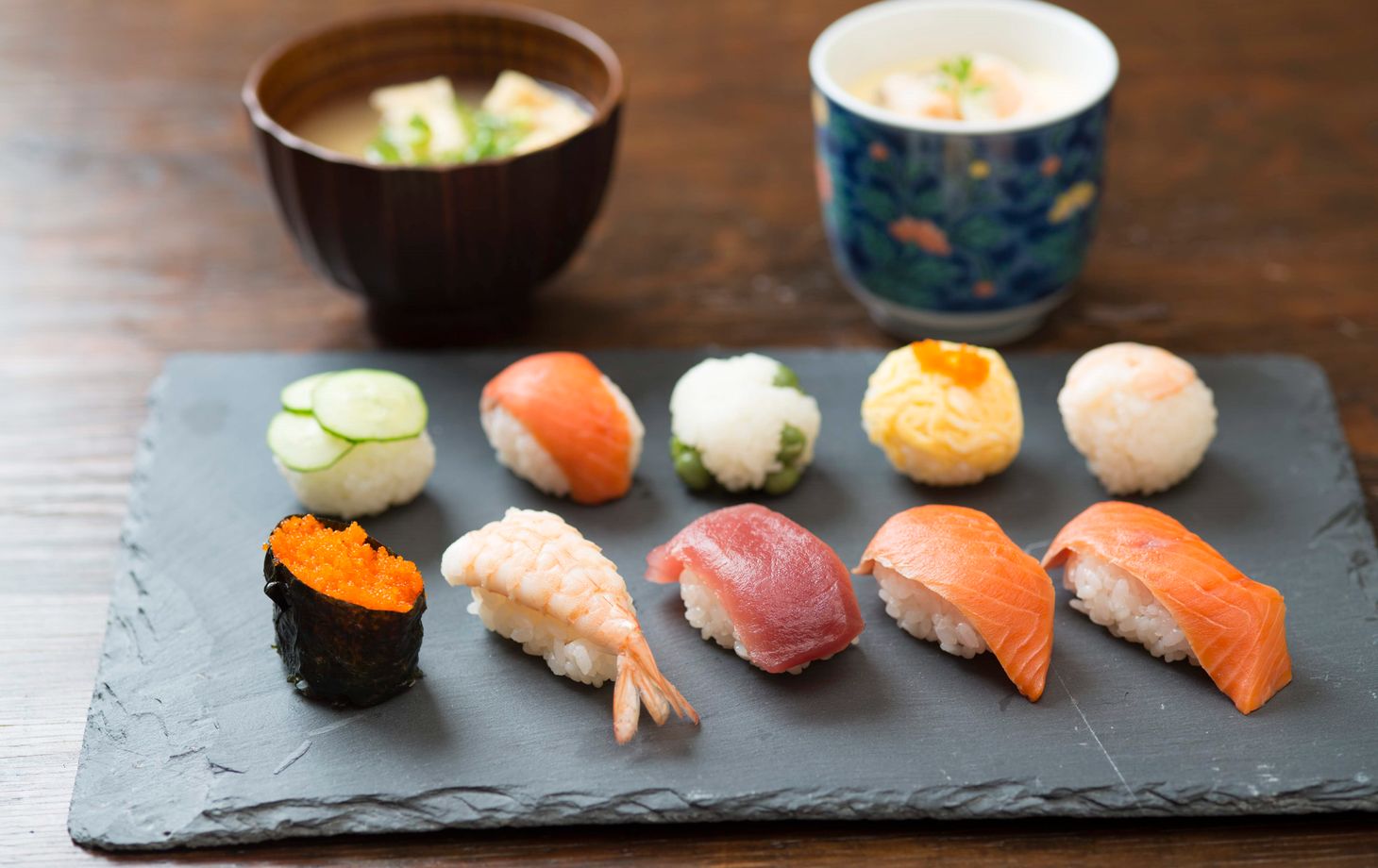 3 Kinds of Sushi, Japanese Steamed Egg Custard and Miso Soup in Home Cooking Studio