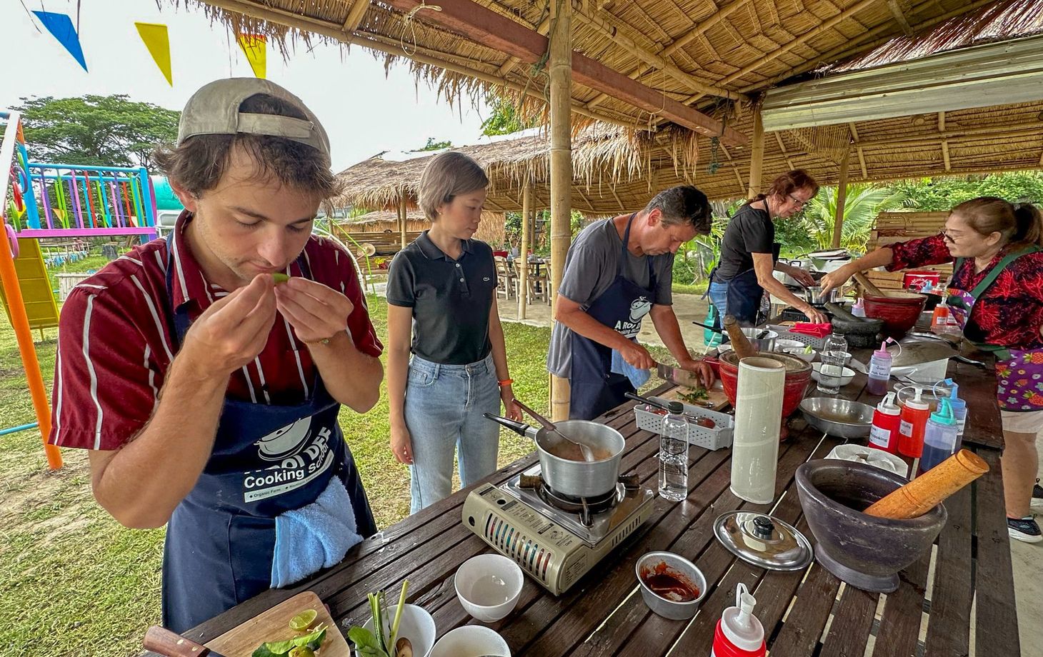 Fresh Organic Ingredients Cooking Thai Dish in Lovely Organic Farm Chiangmai